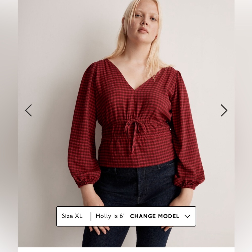 NEW Crinkled V-Neck Peplum Top in Plaid